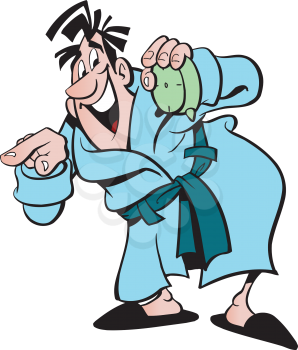 Royalty Free Clipart Image of a Man in a Bathrobe Holding an Alarm Clock