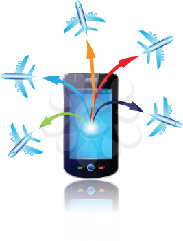 Royalty Free Clipart Image of a Cell Phone With Arrows to Planes