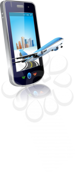 Royalty Free Clipart Image of a Plane Coming From a Mobile Phone