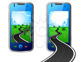 Royalty Free Clipart Image of Cellphones With Roads
