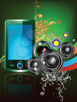 Royalty Free Clipart Image of a Cellphone and Audio Speakers