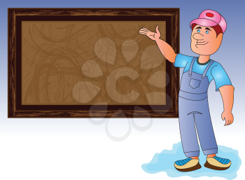 Royalty Free Clipart Image of a Man in Coveralls Pointing to a Sign