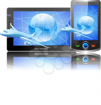 Royalty Free Clipart Image of a Plane Flying Around a Computer Screen and Tablet With Globes