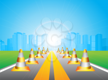 Royalty Free Clipart Image of Pylons on a Road Leading to a City