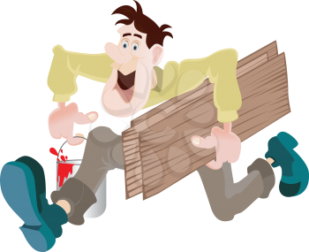 Royalty Free Clip art Image of a Man Running With a Paint Can and Wood