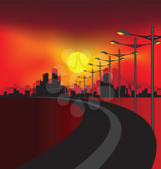 Royalty Free Clipart Image of a Road to Buildings at Sunset
