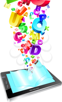 Royalty Free Clipart Image of a Digital Tablet With Pages and Letters Flying Above It