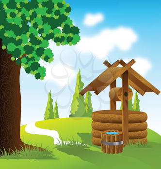 Royalty Free Clipart Image of a Wooden Wishing Well on a Landscape