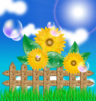 Royalty Free Clipart Image of Sunflowers and a Wooden Fence