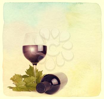 Wineglass, bottle of wine and grapes leaf. Vintage retro style. Paper textured.