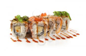 Sushi rolls with banana, salmon, eel fish, wakame seaweed, red caviar on white
