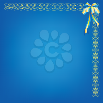 Royalty Free Clipart Image of a Frame on Blue With a Bow in the Corner