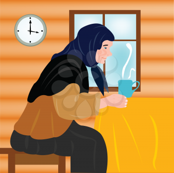 Royalty Free Clipart Image of an Older Woman Having a Hot Drink