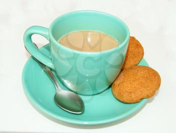 Hot drink coffee and cookie on white background is insulated