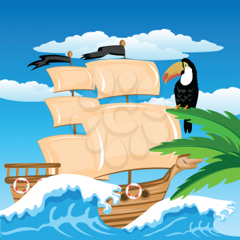 Illustration of the sailing schooner beside tropical coast