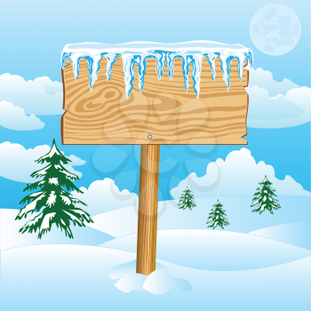 Vector illustration of the wooden shield and snow
