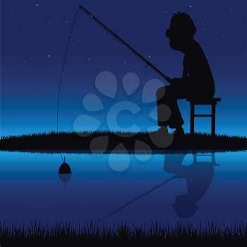 Vector silhouette of fishermen fish at the pond.