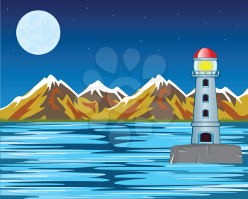 Vector illustration of the lighthouse on in the night