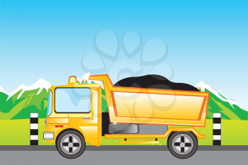 Yellow cargo car on mountain road.Vector illustration