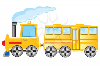 Yellow locomotive with coach on white background