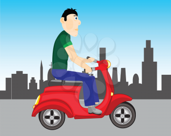 Vector illustration men goes on scooter on city