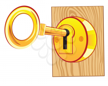 Golden key in lock door from tree