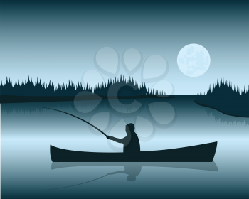 Silhouette of the boat with fisherman on background lake