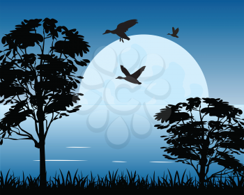The Beautiful rise of the moon on lake.Vector illustration