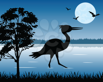 The Bird stork on wood lake in the night.Vector illustration