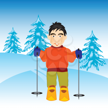 The Man skier in winter wood.Vector illustration
