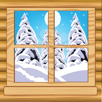 The Beautiful view from window on winter wood.Vector illustration