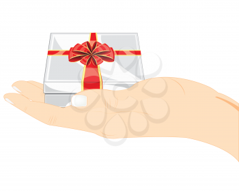 Hand of the person with gift on white background is insulated