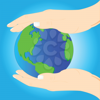 Planet land in hand of the person on turn blue background