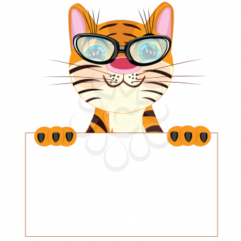 Tiger with poster on white background insulated