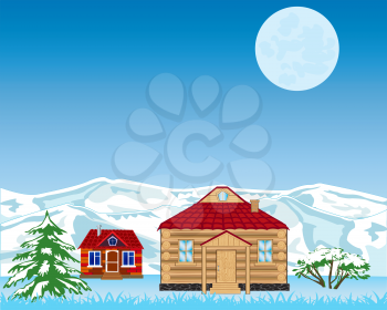 Vector illustration of a winter night village at the mountains