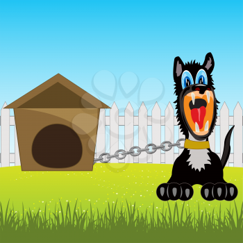 Vector illustration of the cruel dog on chain in courtyard