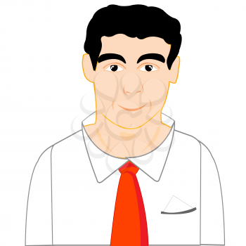 Smiling man in shirt and red tie on white background is insulated