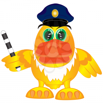 Cartoon of the bird with truncheon in service cap of the police bodies