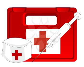 First-aid kit to ambulance and syringe on white background insulated