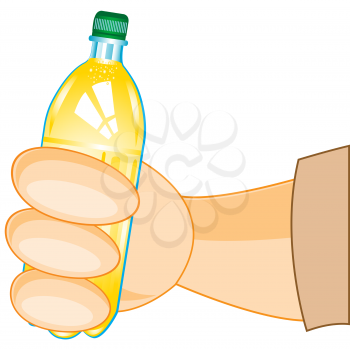 Plastic capacity with drink in hand of the person on white background