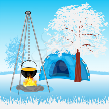 The Campfire and tent in wood in winter.Vector illustration
