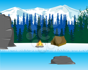 Wild winter landscape with tent and riverside campfire