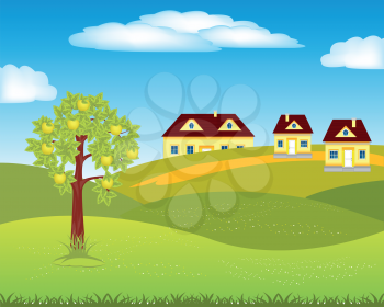 The Small village amongst hills by summer.Vector illustration