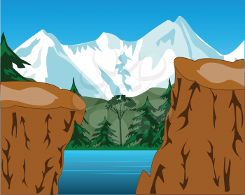 The Beautiful landscape of the snow mountains and yard.Vector illustration
