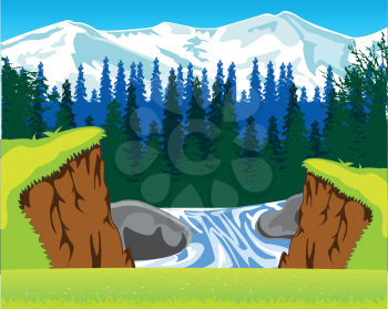 The Beautiful waterfall and year glade with flower.Vector illustration