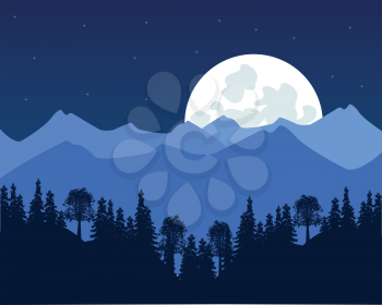 The Moon night and mountains with wood.Vector illustration