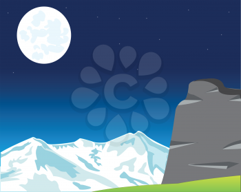 The Wild night landscape of the mountains and moon.Vector illustration