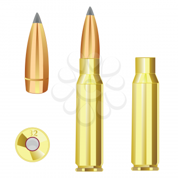 Cartridge case and bullet from weapon.Vector illustration