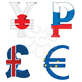 Signs and symbols of the money of the different countries in colour of the flag
