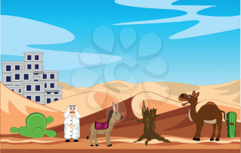 Landscape of the city in desert and animal of the camel and ass